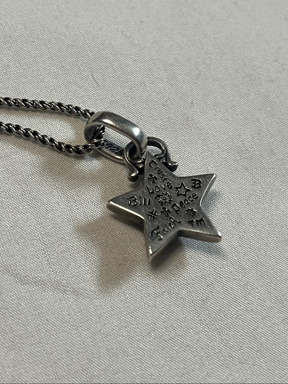 Authentic Bill Wall Leather S925 Engraved Star Necklace 19" Trust Love Joy Peace